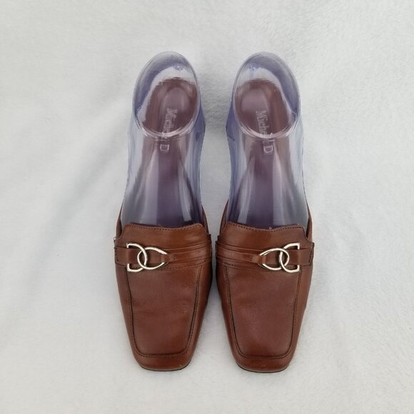 ✅Michelle D Brown Leather 3" Heeled Mules Womens 7.5M Slides D-Ring Strap Accent - Picture 7 of 13
